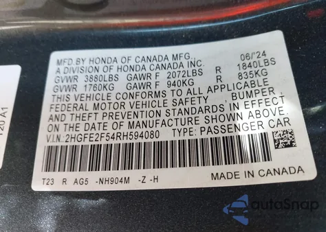 2024 Honda Civic Sport z USA, uszkodzony, nr VIN 2HGFE2F54RH594080